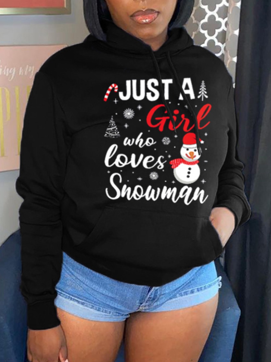 

LW Christmas Letter Print Loose Hoodie, Black