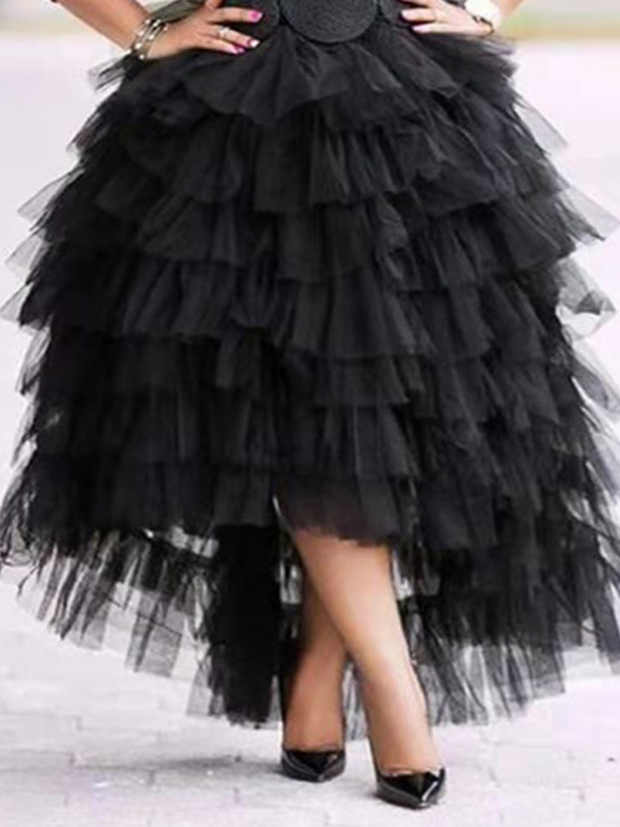 

LW Plus Size Flounce Design Solid Skirt, Black