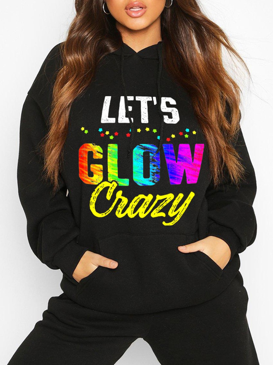 

LW Plus Size Pocket Design Letter Print Hoodies, Black
