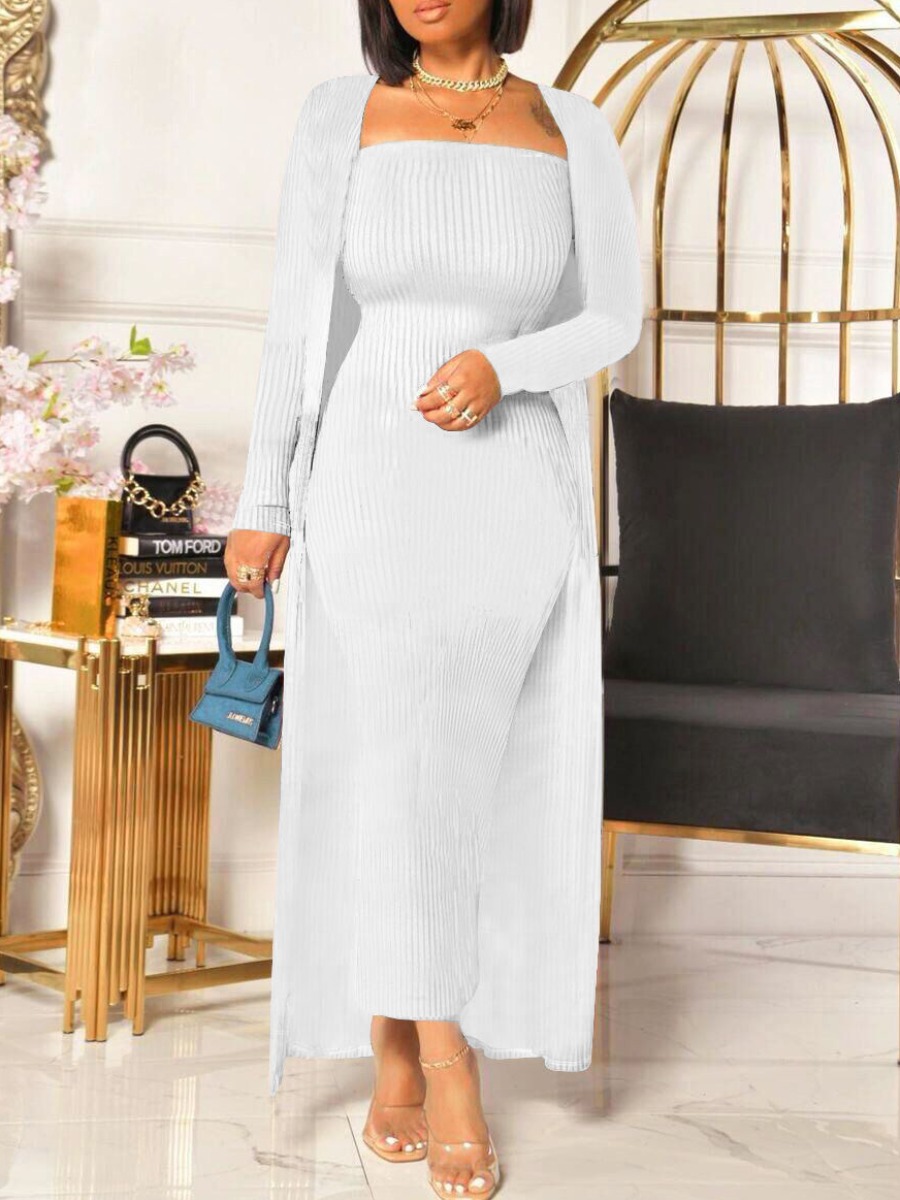 

LW Rib Knit Open Front Bodycon Dress Set, White