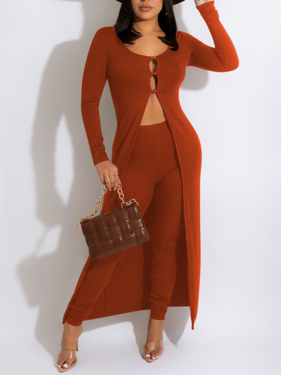 

LW Button Decor Split Skinny Pants Set, Caramel color