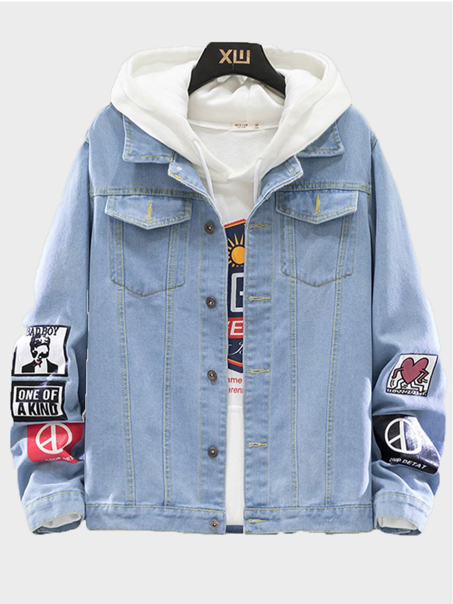 

LW Men Letter Figure Patch Pocket Cowboy Wear, Baby blue