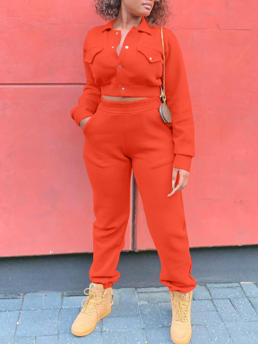 

LW Pocket Button Design Tracksuit Set, Jacinth