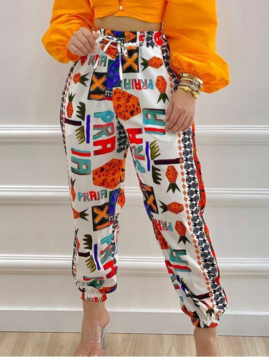 

LW Mid Waist Letter Print Loose Pants, White