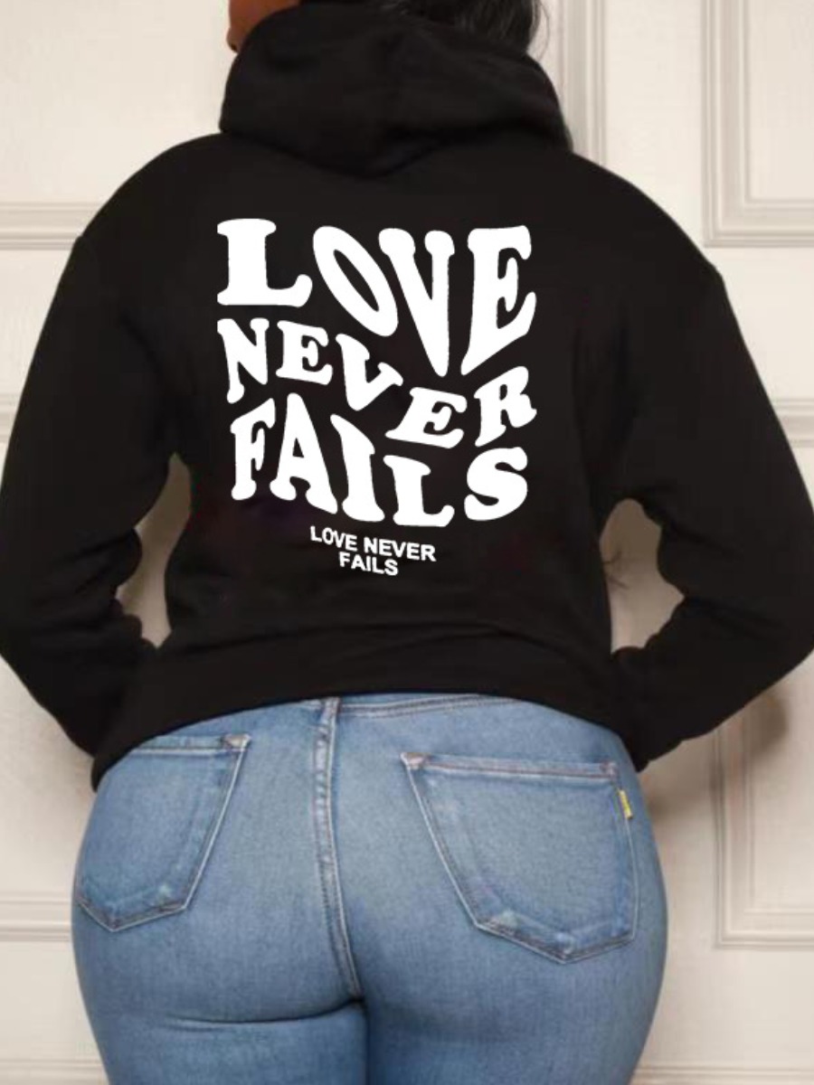 

LW Letter Print Kangaroo Pocket Hoodie, Black