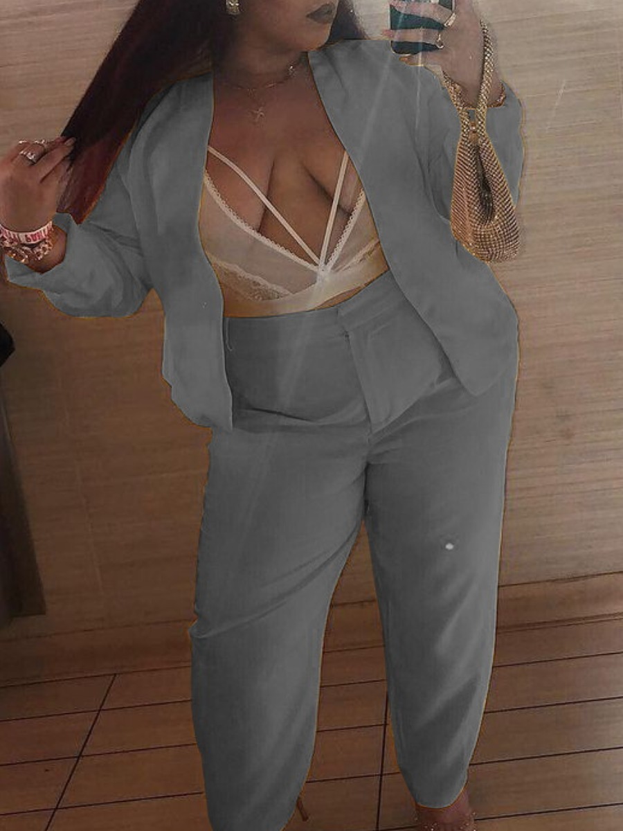 

LW Plus Size Polyester Solid Regular Two-piece Pants Set, Grey