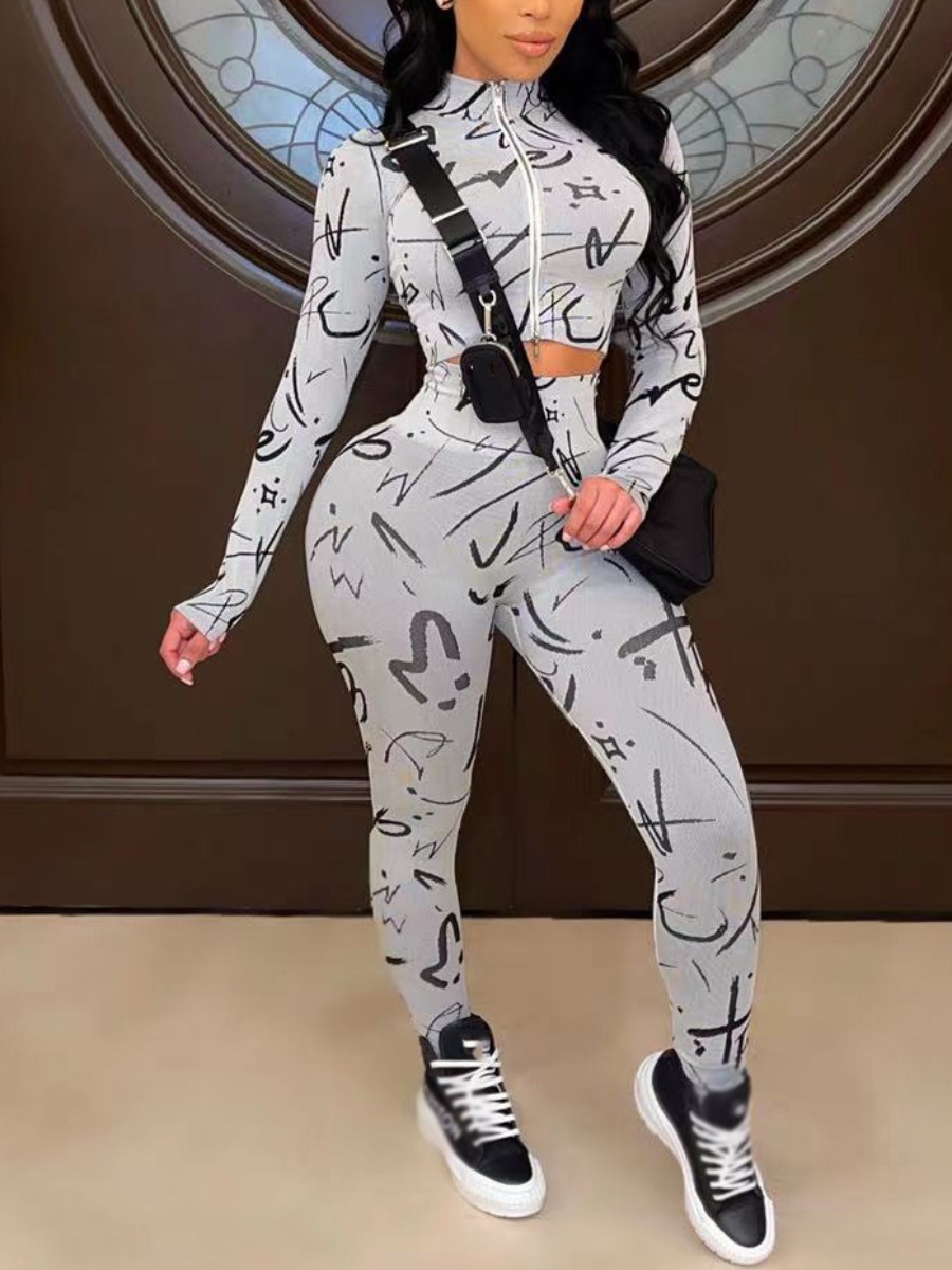 

LW Graffiti Zipper Design Crop Pants Set, White