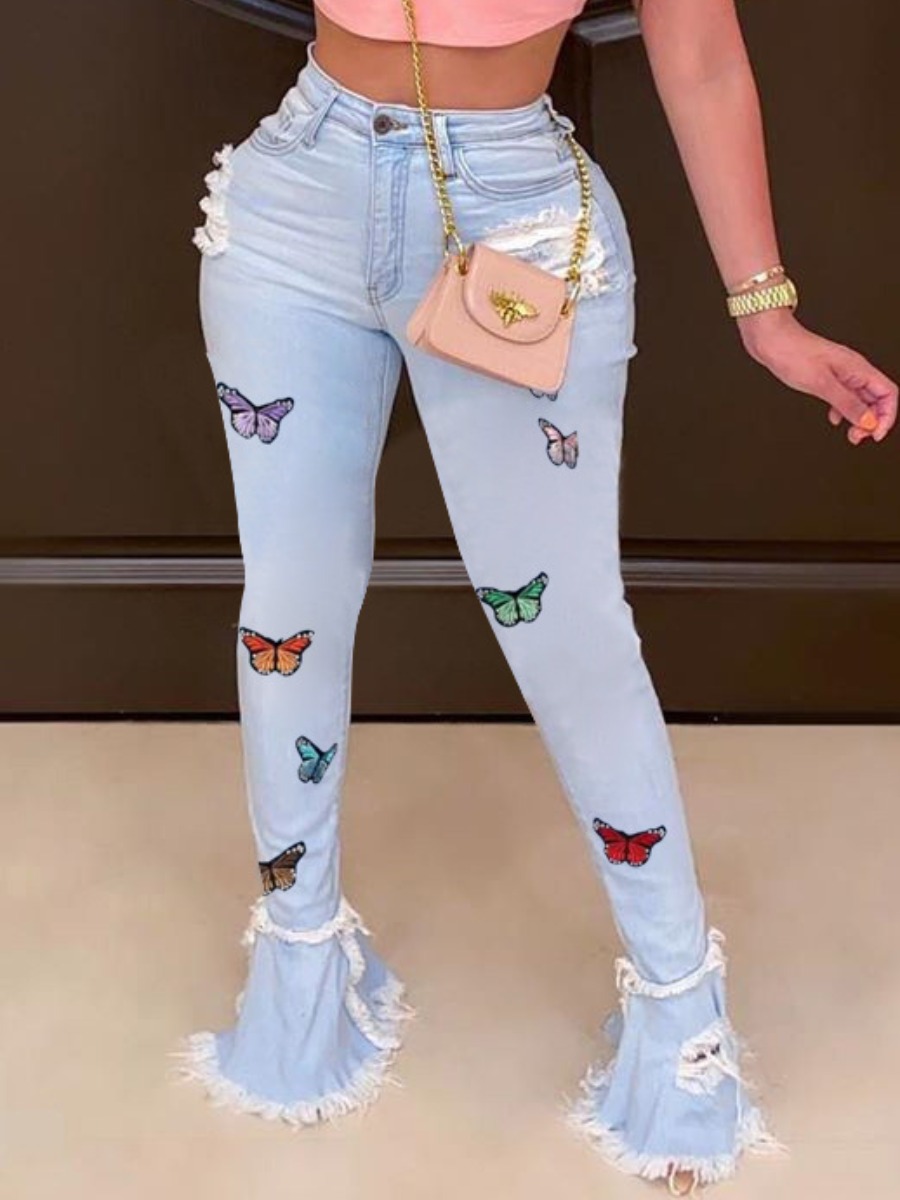 

LW Butterfly Print Ripped Flared Jeans, Baby blue