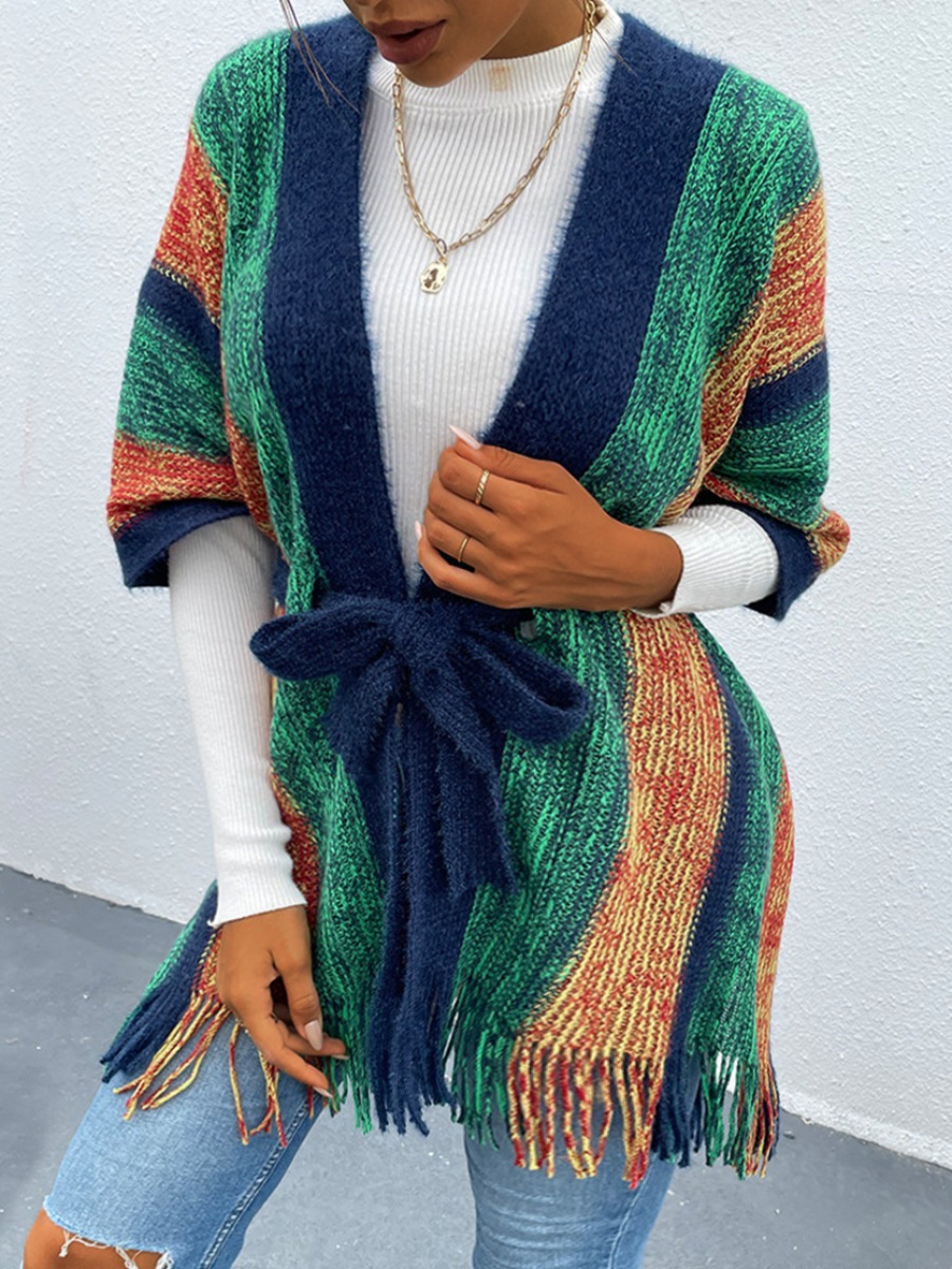 

LW Tassel Design Patchwork Loose Cardigan, Royalblue