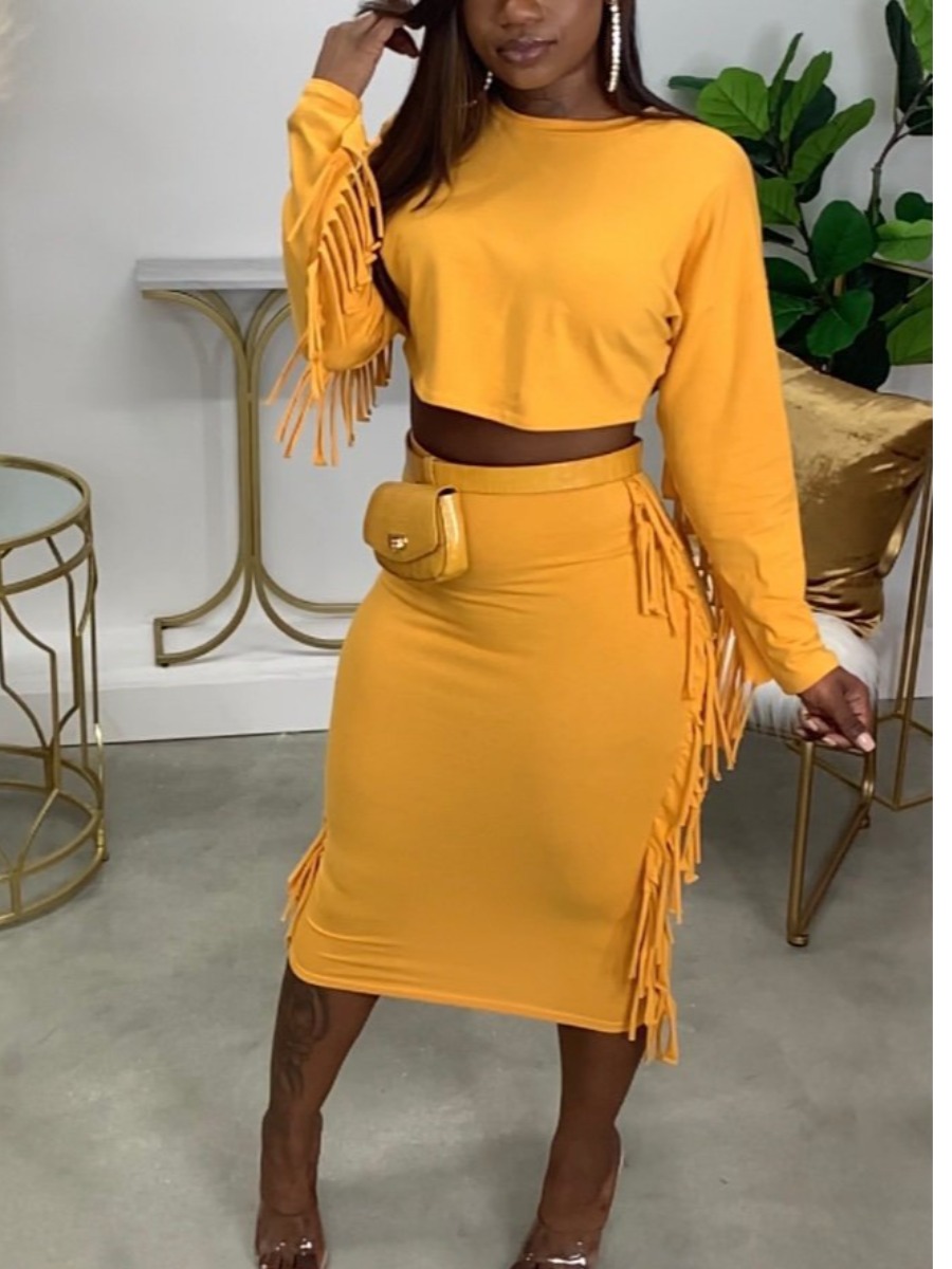 

LW Plus Size Tassel Design Solid Skirt Set, Yellow