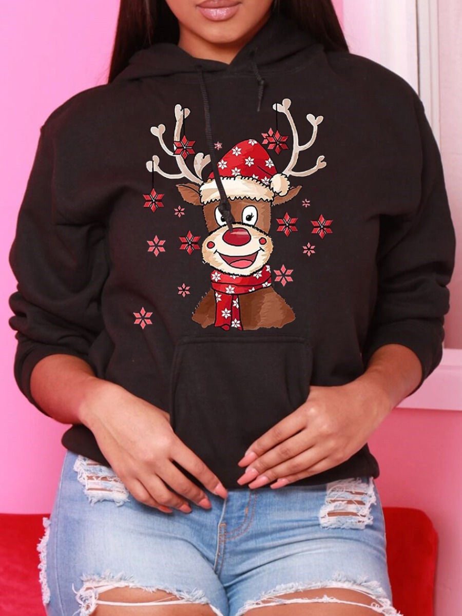 

LW Hooded Collar Christmas Loose Hoodie, Black