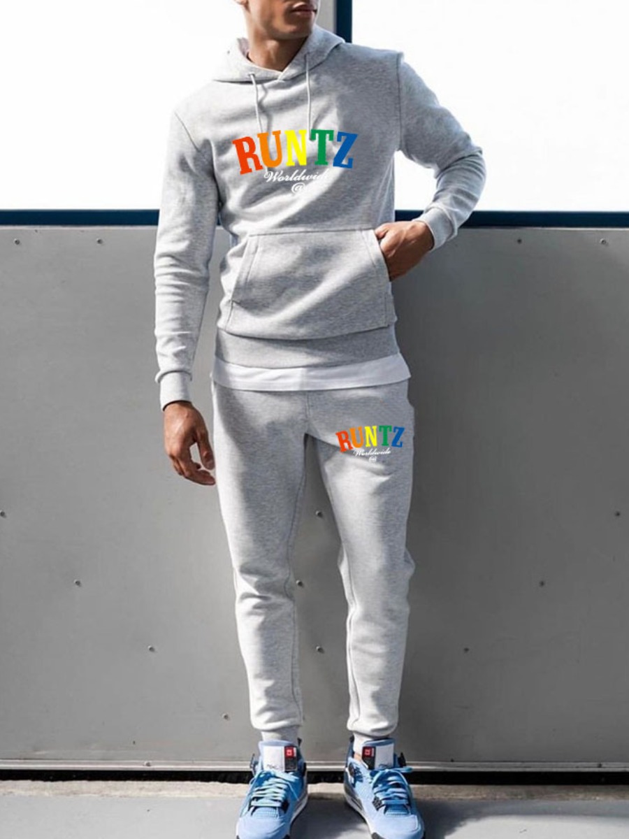 

LW Men Letter Print Drawstring Tracksuit Set, Grey
