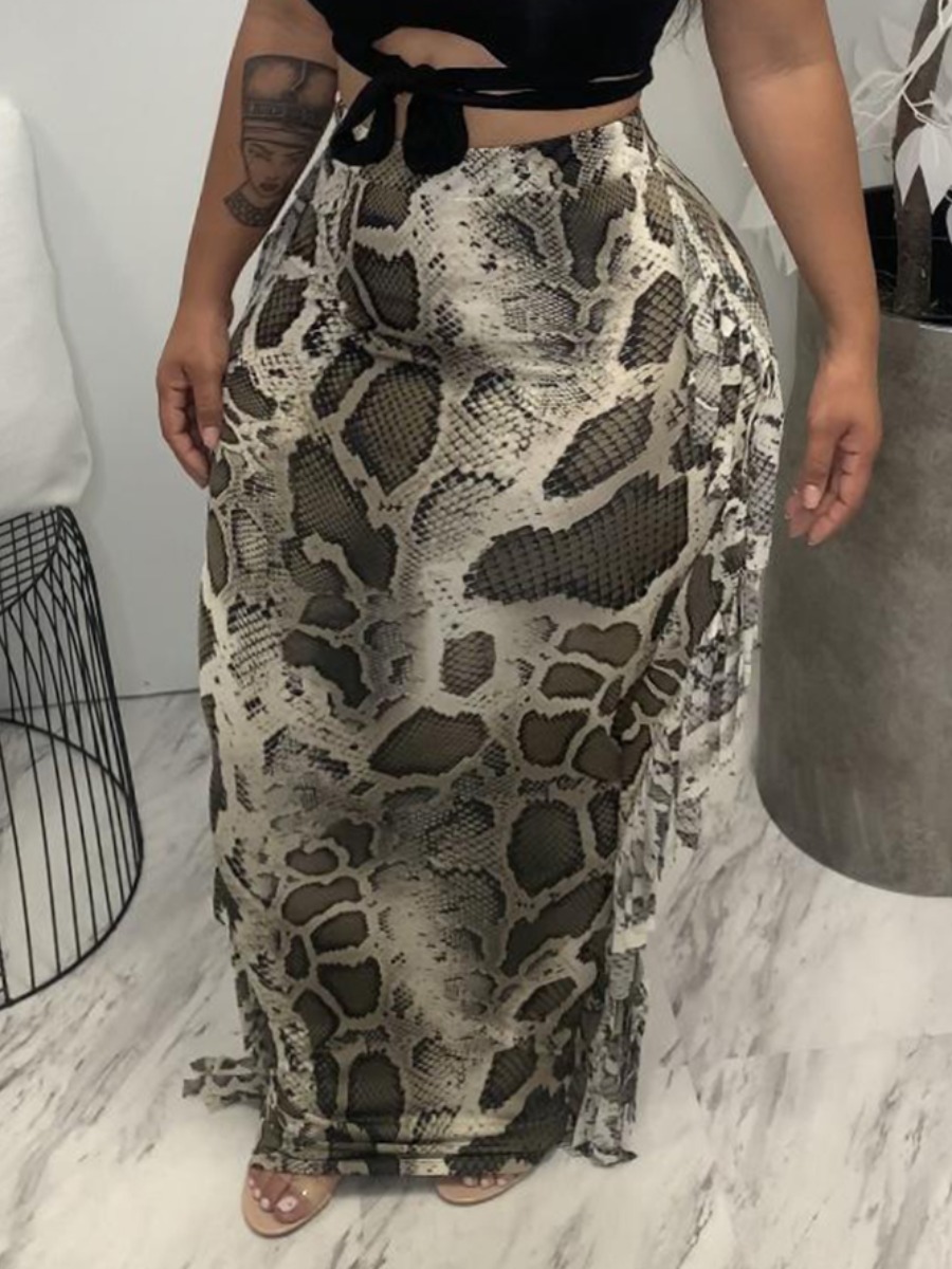 

LW Plus Size Animal Print Tassel Design Skirt, Cobra