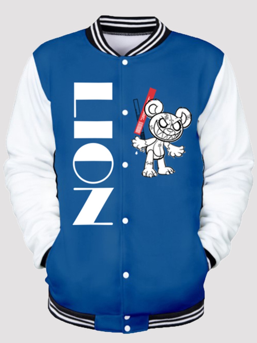 

LW Men Letter Print Patchwork Jacket, Blue