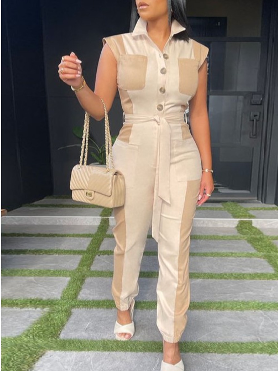 

LW BASICS Button Bandage Design Patchwork Jumpsuit, Beige
