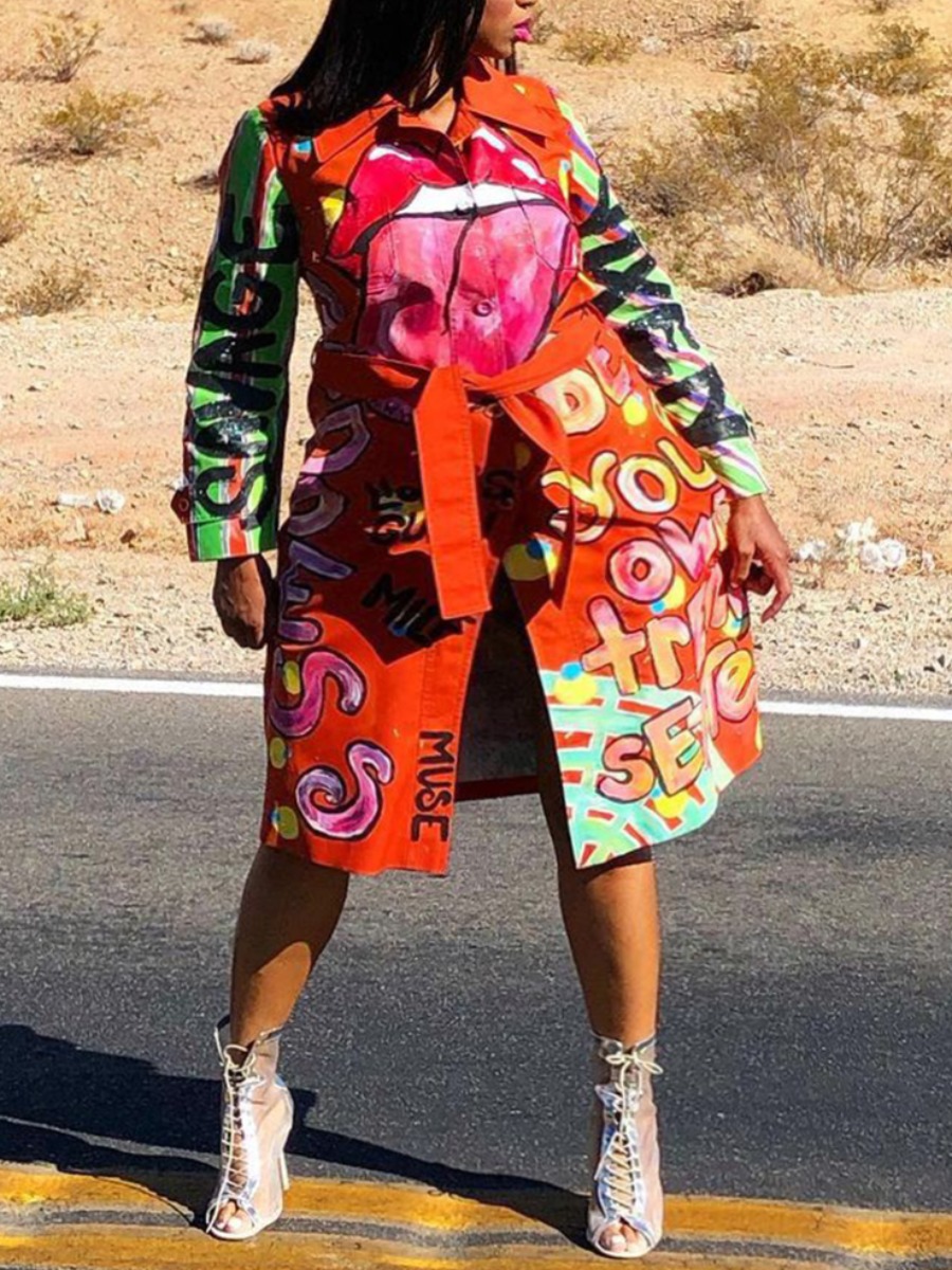 

LW Plus Size Graffiti Letter Print Belted Trench Coat, Jacinth