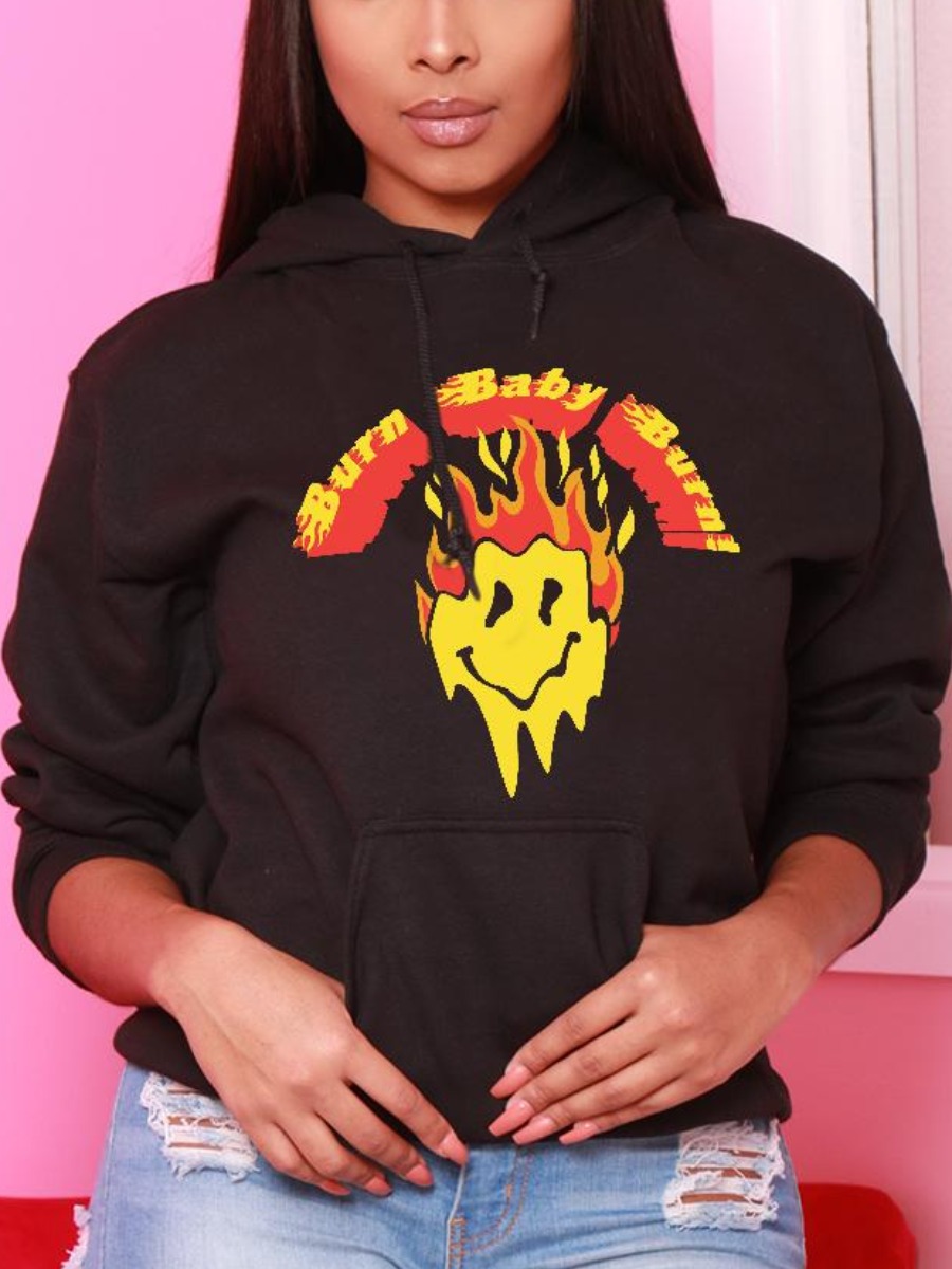 

LW Letter Print Pocket Design Pullover Hoodie, Black