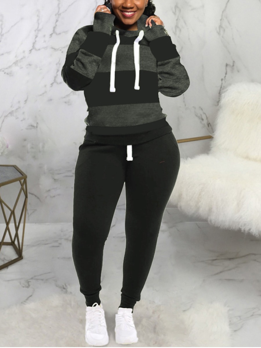 

LW Plus Size Pocket Design Striped Sweat Pants Set, Grey