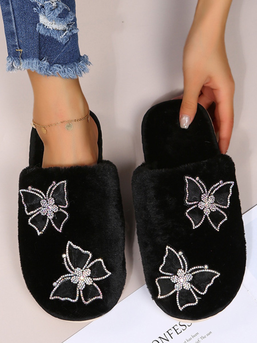 

LW Plush Crystal Patchwork Home Slippers, Black