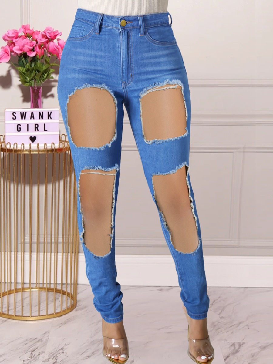 

LW High-waisted Ripped Jeans, Blue