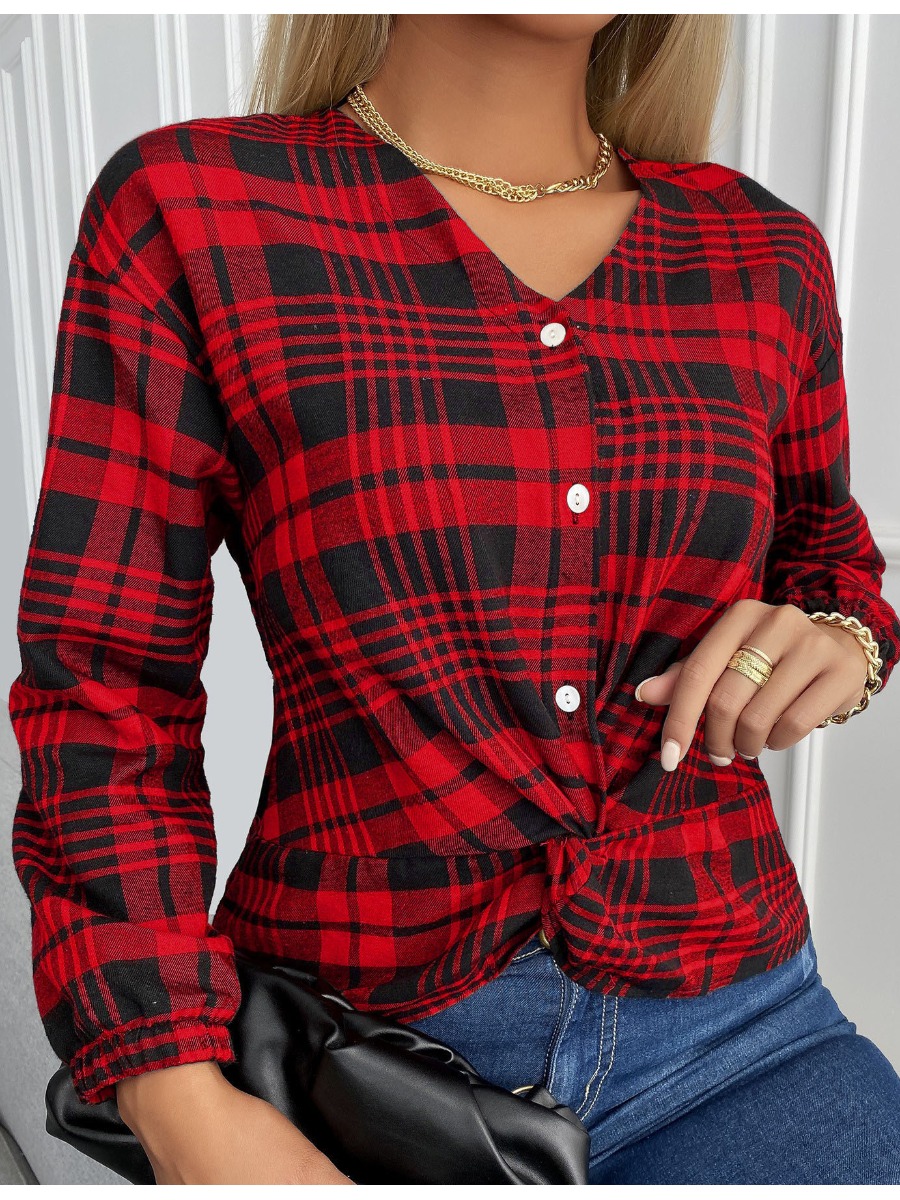 

LW Knot Button Decor Plaid Print Shirt, Red