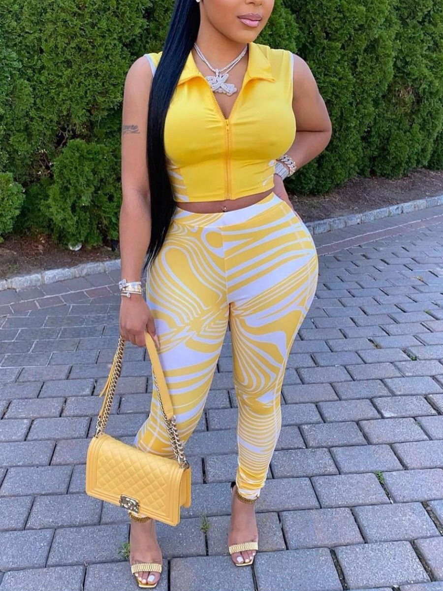 

LW COTTON Color Block Zip Up Crop Pants Set, Yellow