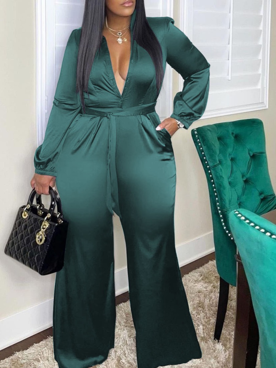 

LW SXY Bandage Design Wide Leg Jumpsuit, Green