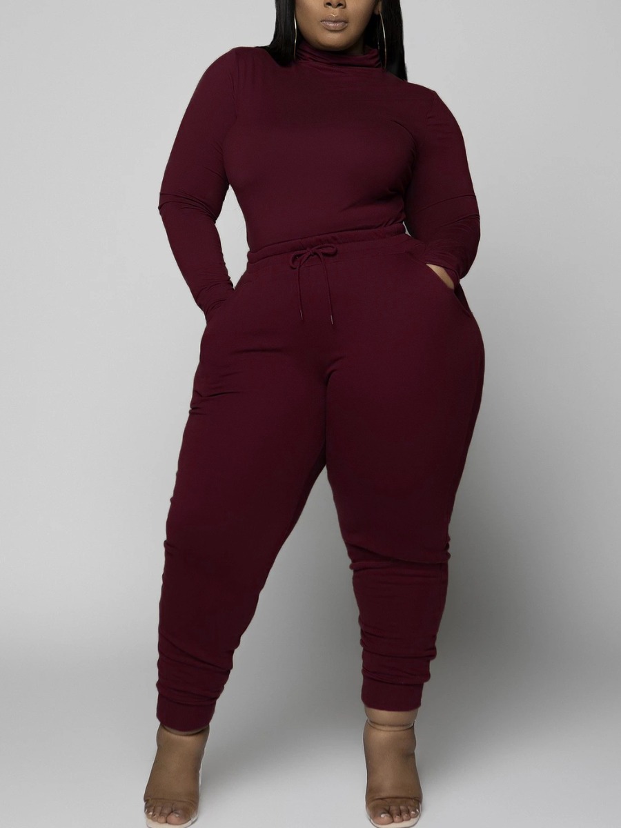 

LW BASICS Plus Size Drawstring Pocket Design Pants Set, Wine red