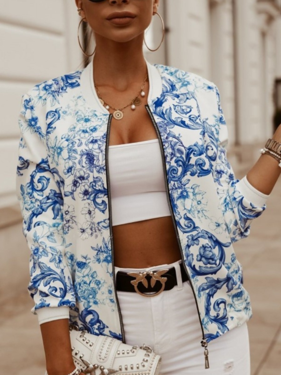 

LW Floral Print Zipper Design Jacket, Baby blue