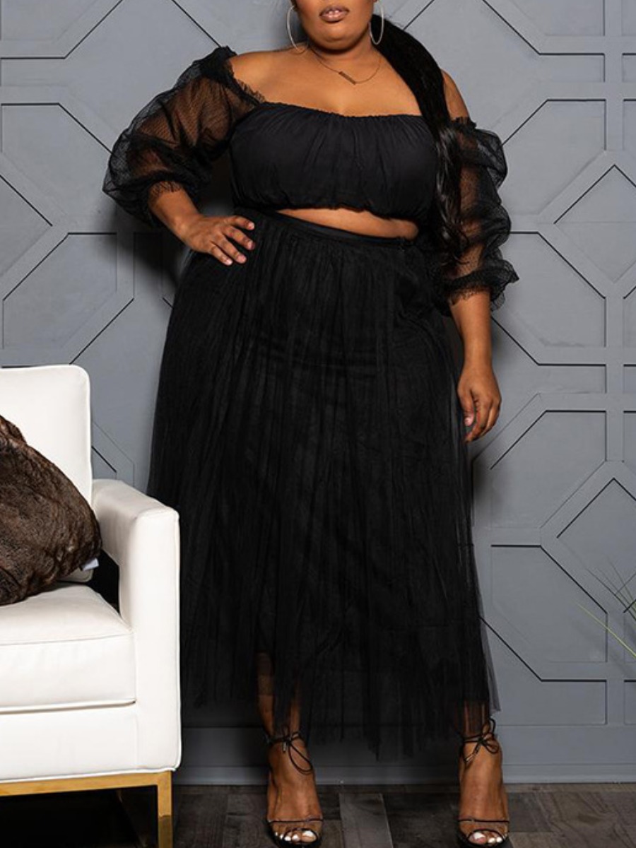 

LW Plus Size Mesh Patchwork Crop Skirt Set, Black