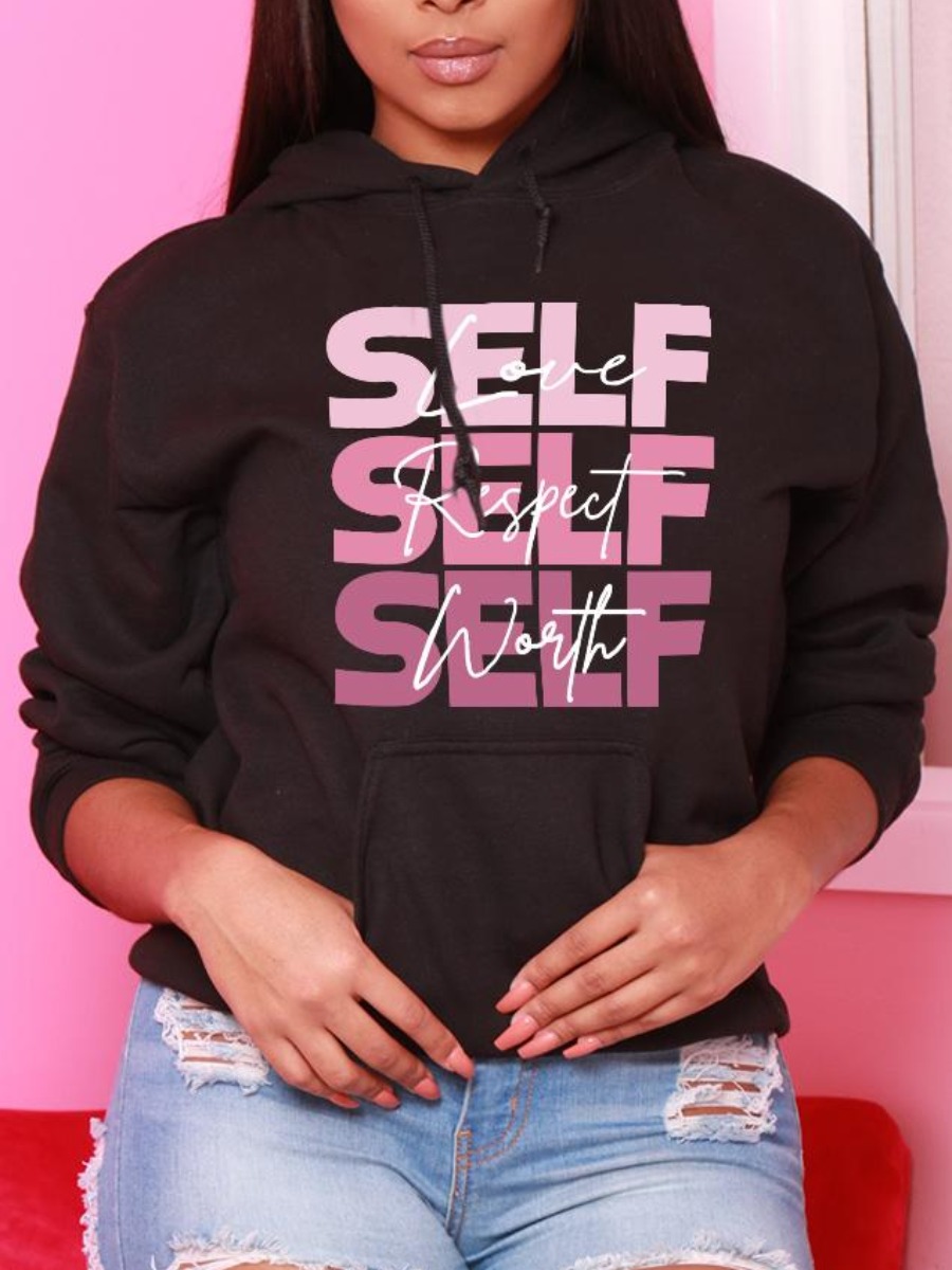 

LW Hooded Collar Letter Print Hoodie, Black