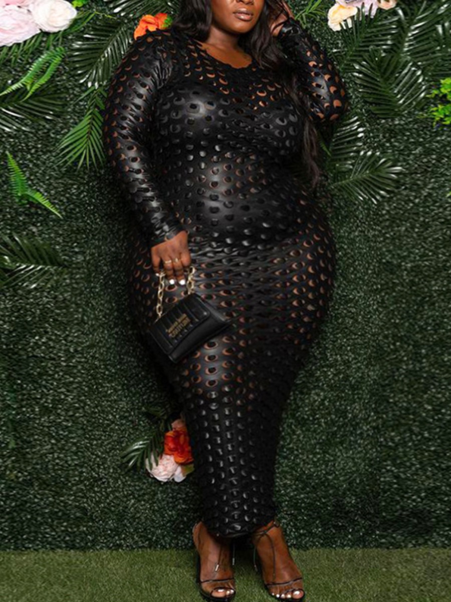 

LW SXY Plus Size Hollow-out Solid Bodycon Dress, Black