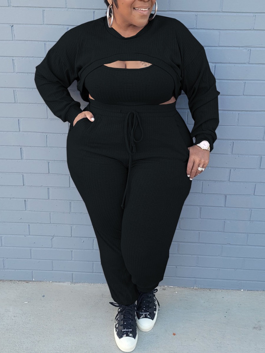 

LW Plus Size Rib-Knit Drawstring Three-piece Pants Set, Black