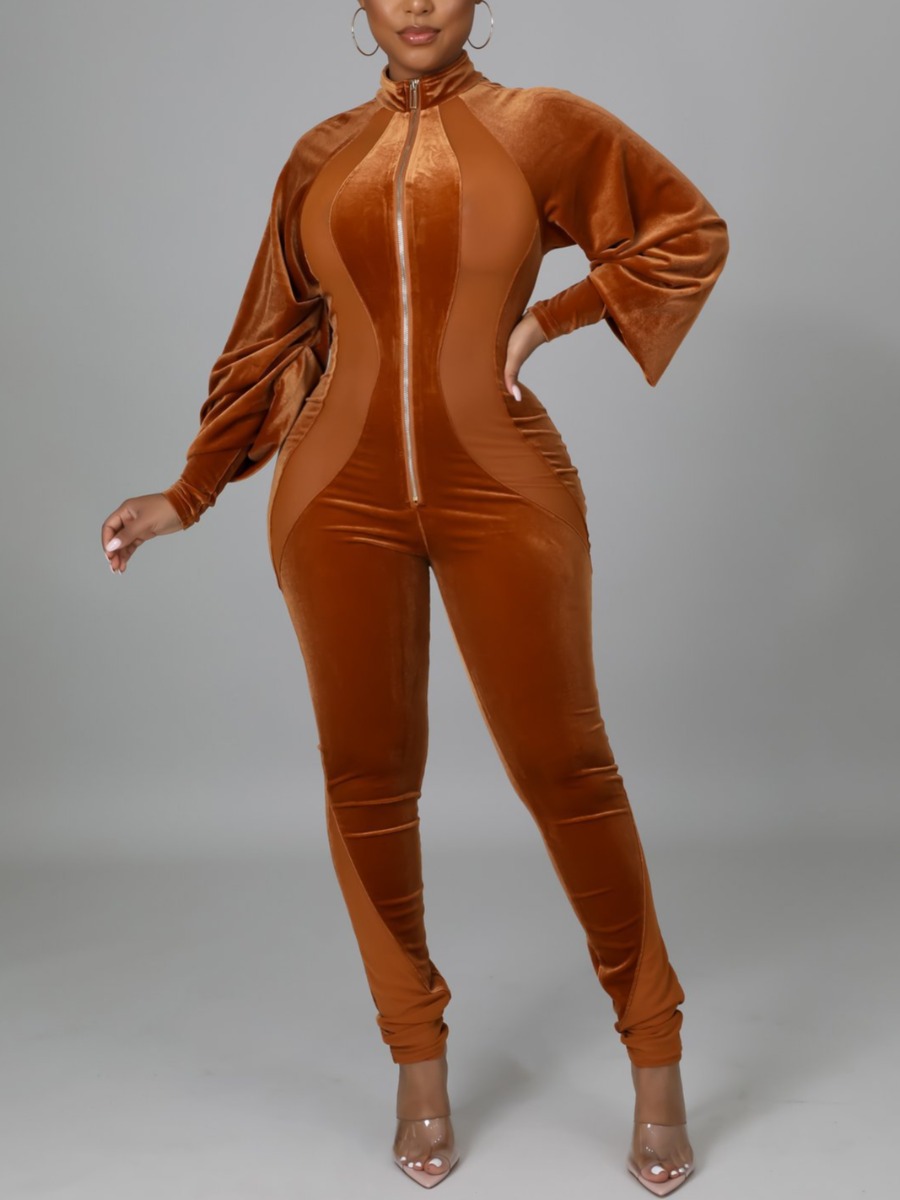 

LW Lantern Sleeve Zipper Design Jumpsuit, Brown