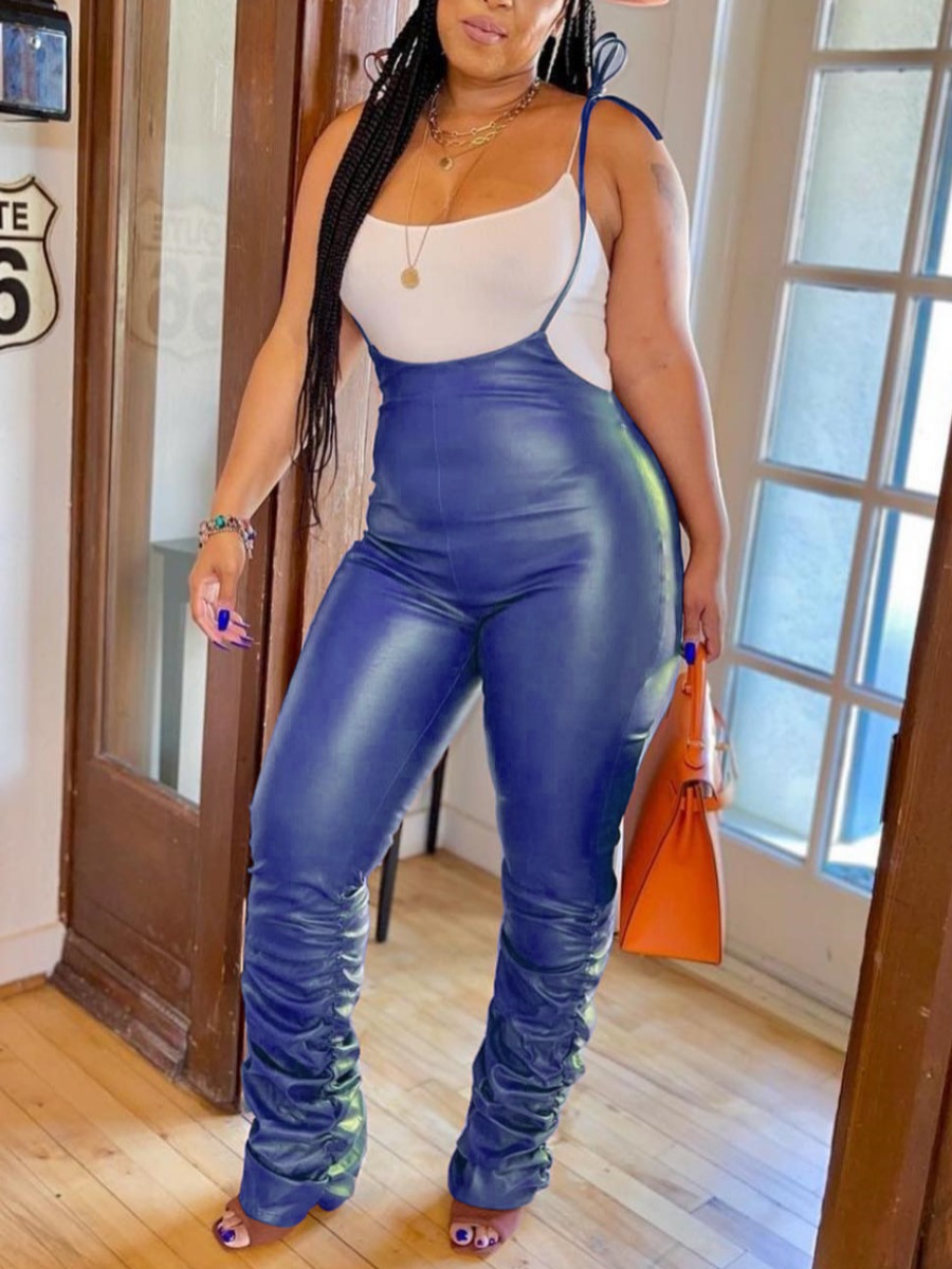 

LW Leather Ruched Back Zipper Jumpsuit (Without Cami), Blue