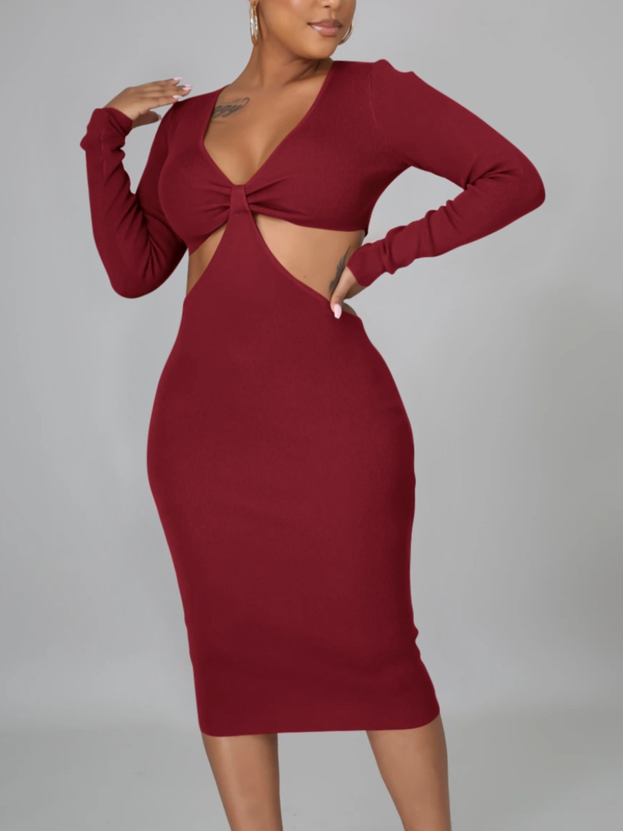 

LW SXY Rib-Knit Cut Out Bodycon Dress, Wine red