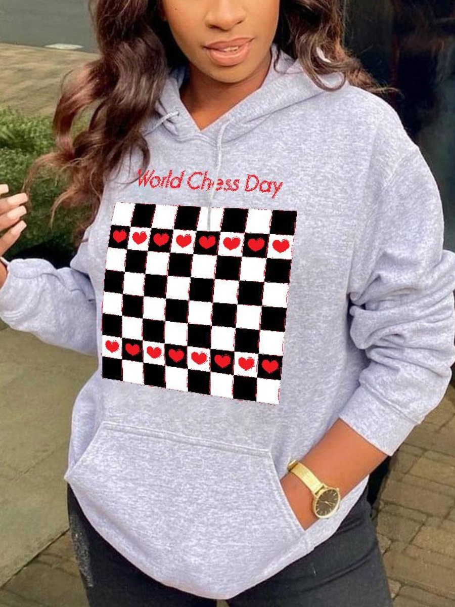 

LW Plaid Letter Print Pocket Design Hoodies, Grey