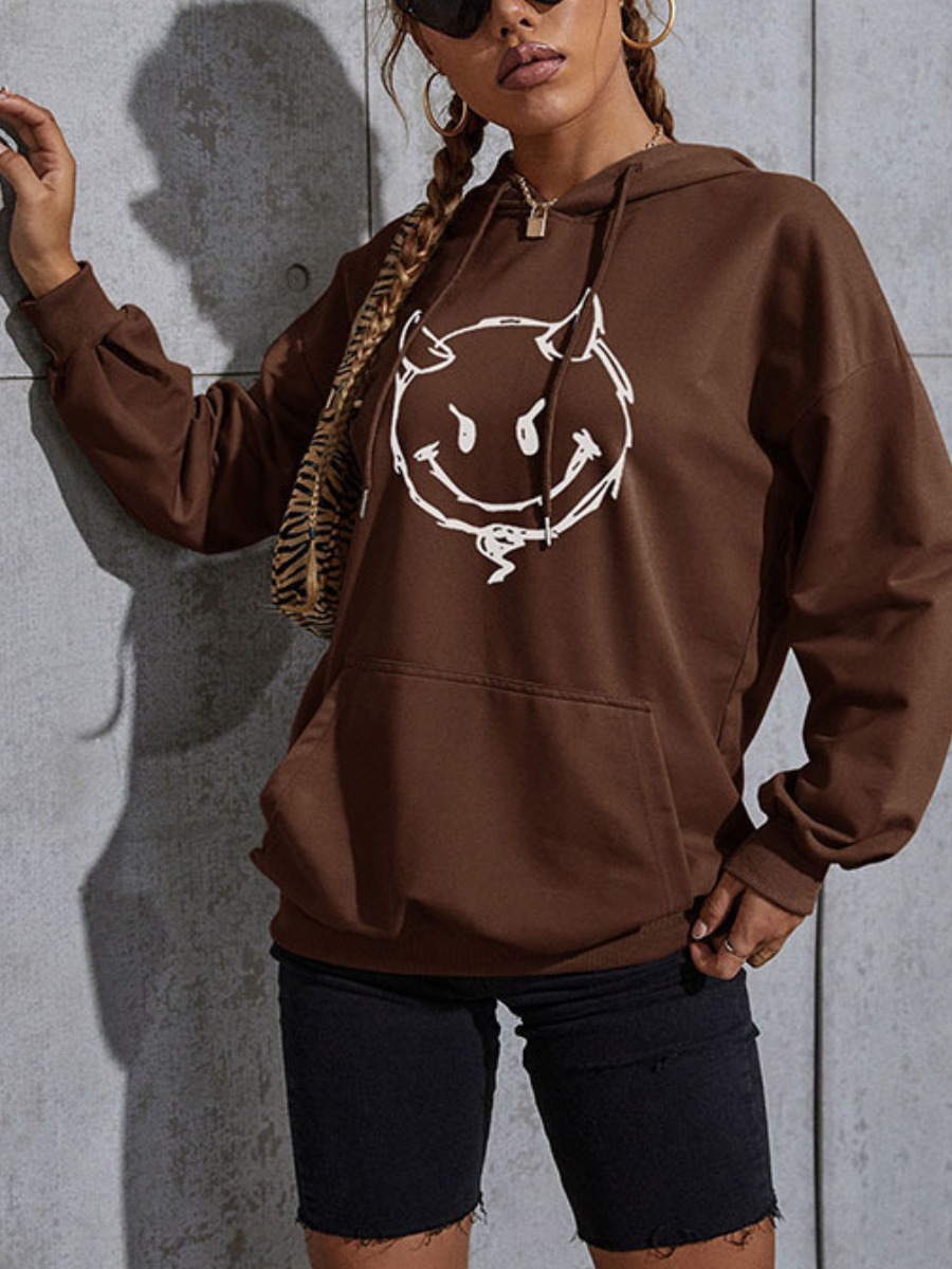 

LW Hooded Collar Cartoon Print Loose Hoodie, Coffee
