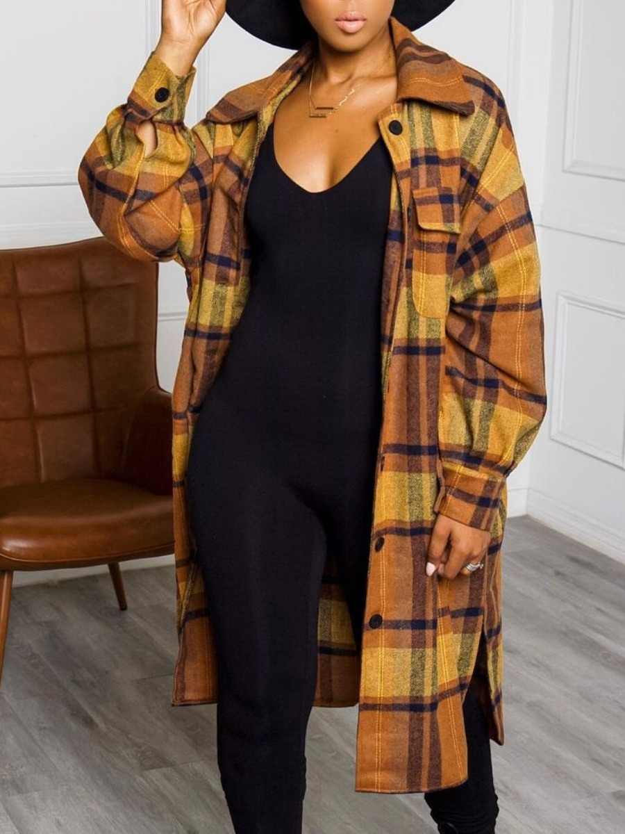 

LW Dropped Shoulder Plaid Print Wool Overcoat, Yellow