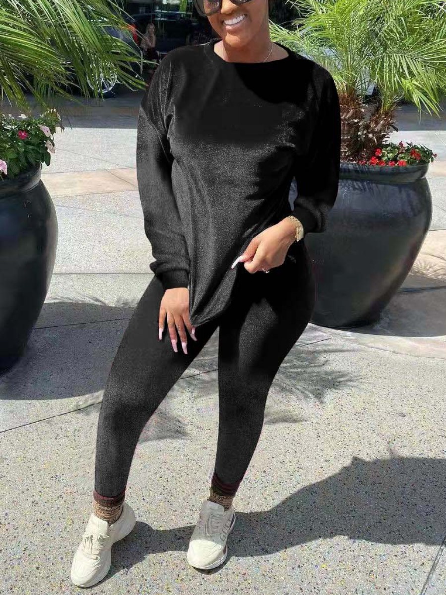 

LW BASICS Velvet Round Neck Regular Fit Pants Set, Black