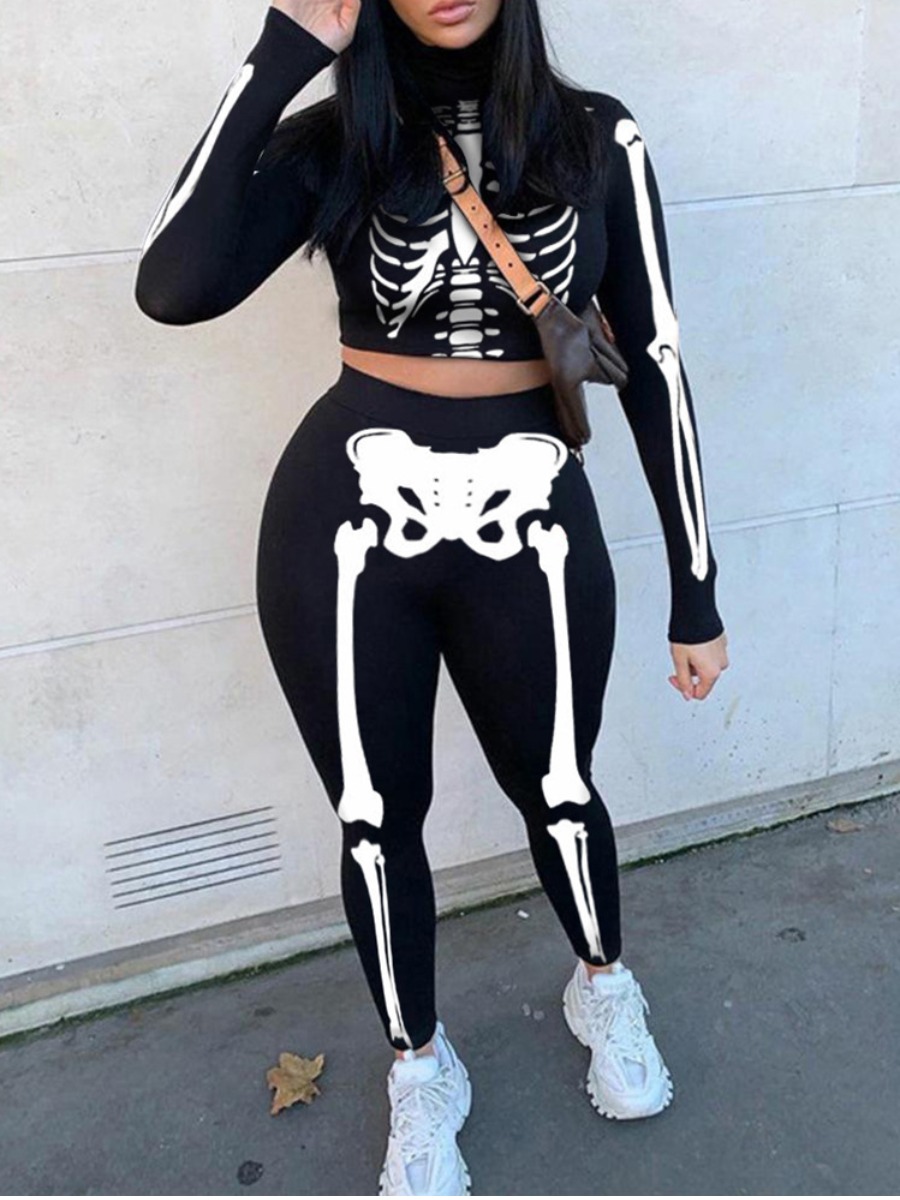 

LW Skull Head Print Crop Pants Set, Black