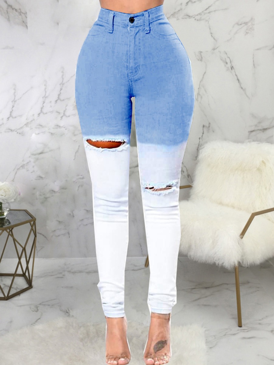 

LW Gradient Print Ripped Skinny Jeans, Baby blue