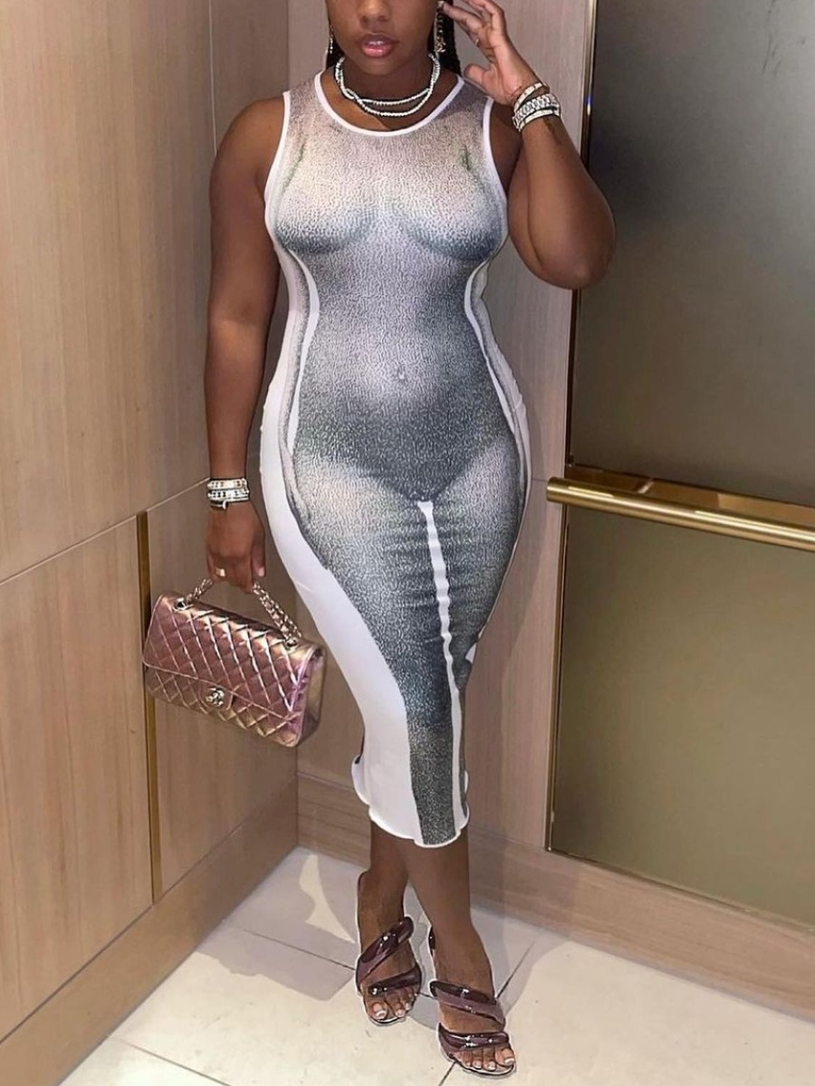LW Round Neck Body Print Bodycon Dress