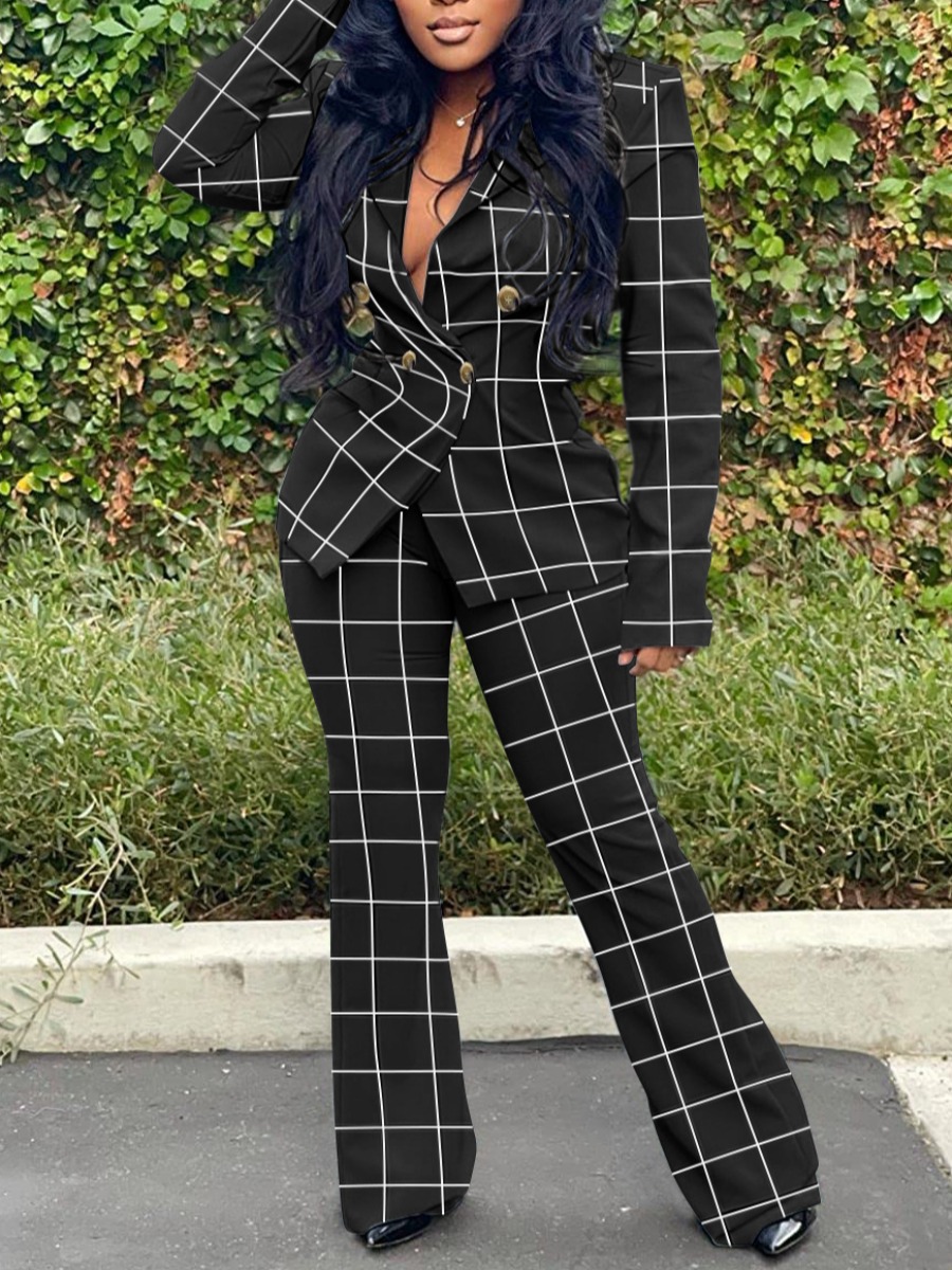 

LW Button Design Plaid Print Blazer Set, Black