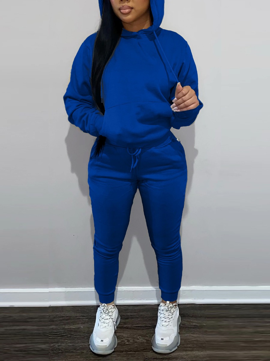 

LW BASICS Hooded Collar Drawstring Tracksuit Set, Royalblue