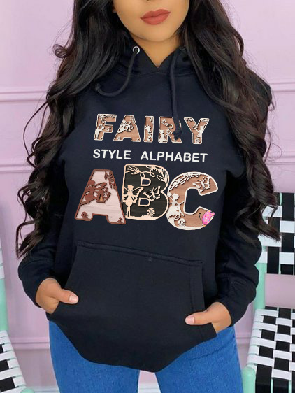 

LW Letter Print Kangaroo Pocket Hoodie, Black