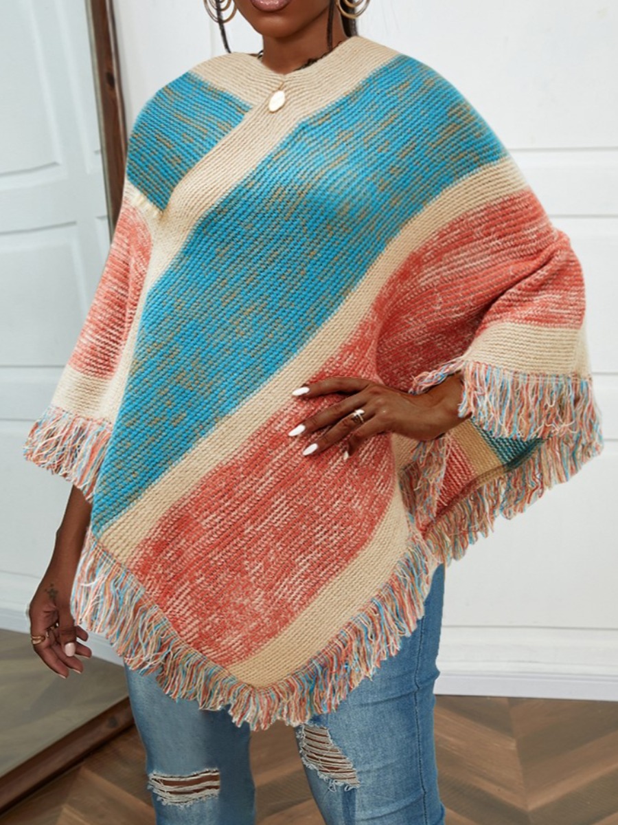 

LW Tassel Design Patchwork Sweater, Blue
