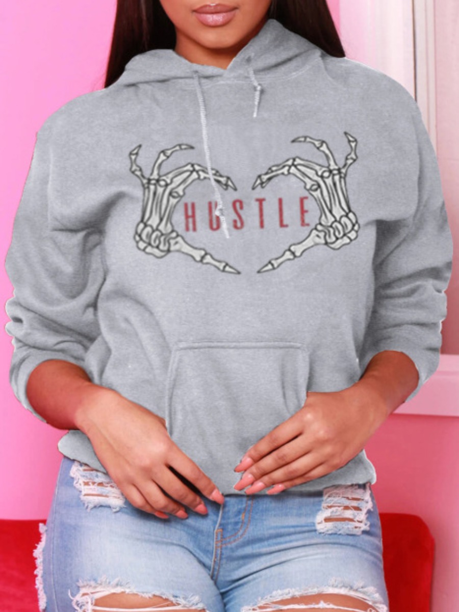 

LW Letter Print Basic Loose Hoodie, Grey