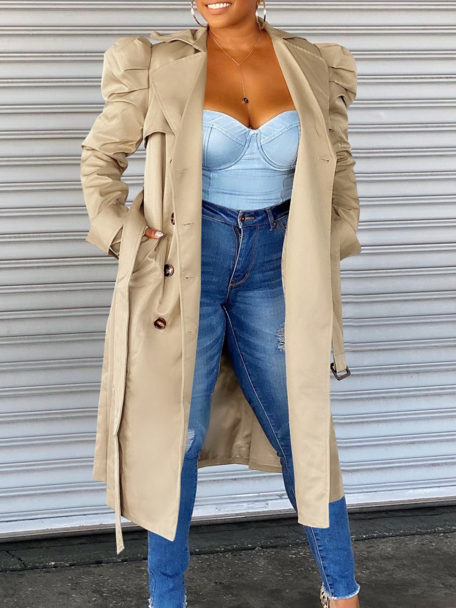 

LW Pocket Design Ruched Solid Coats, Khaki