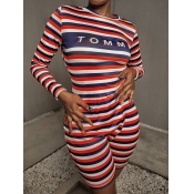 LW Casual O Neck Letter Print Striped Red One-piec